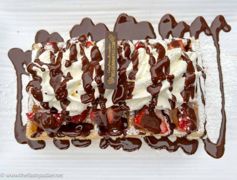 waffle covered in strawberries whipped cream and chocolate