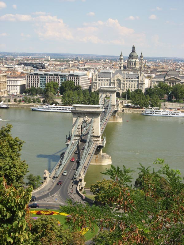 panoramic view of bridge across river leading to an old town in budapest hungary