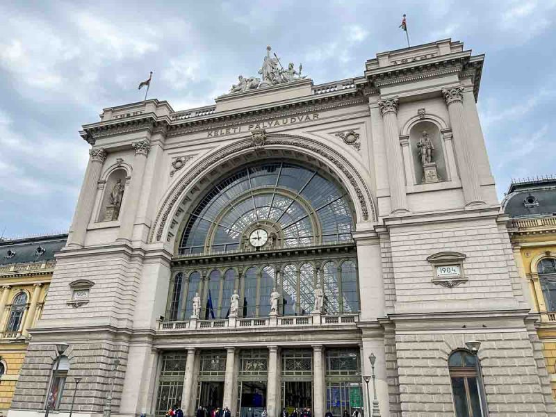 grand facade e of keleti train station in budapest hungary