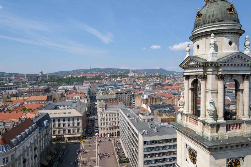 views of the streets of budapest from the terrace of st stephens church