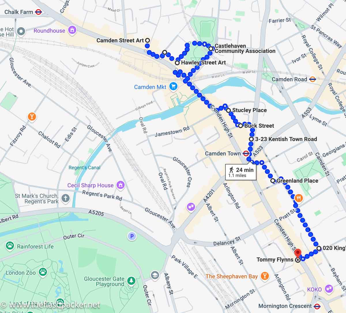 map of the route of a camden street art walking tour