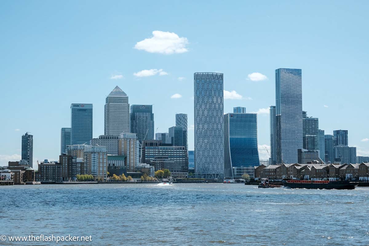 skyscrapers of canary wharf london by river