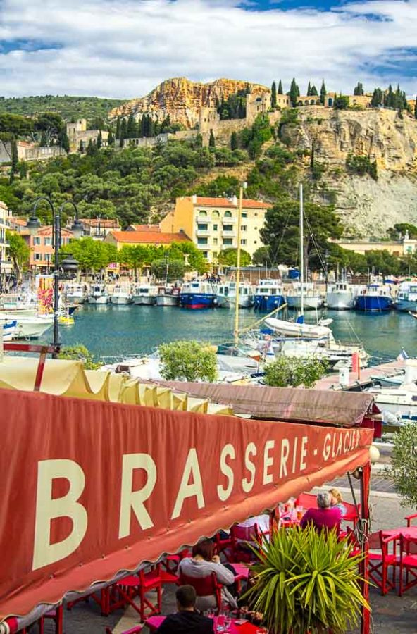 brasserie awning at harbourside in cassis in provence