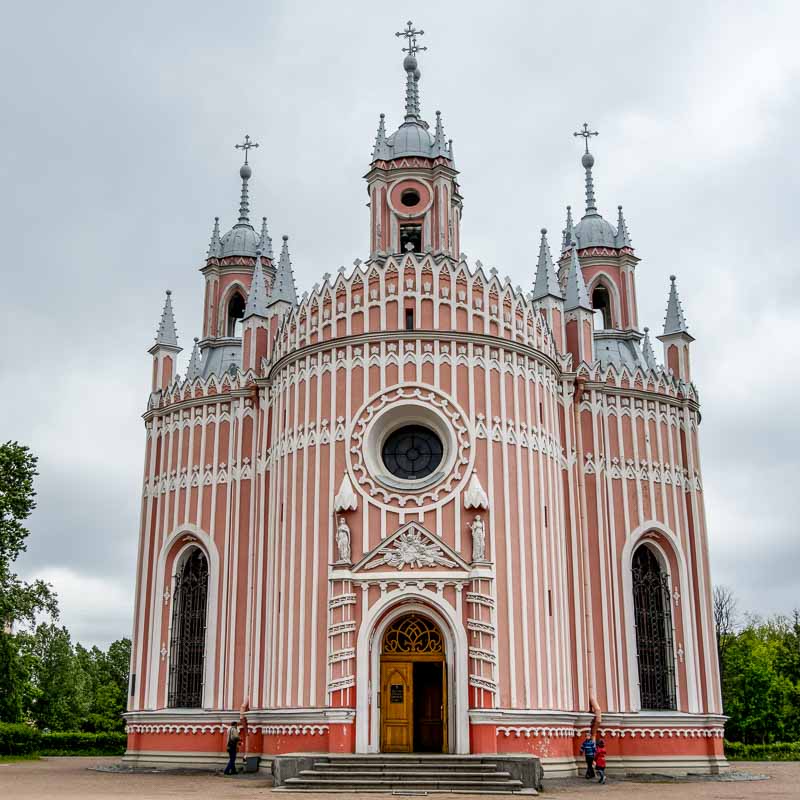 candy pink and white exterior of chruch in st petersburg russia