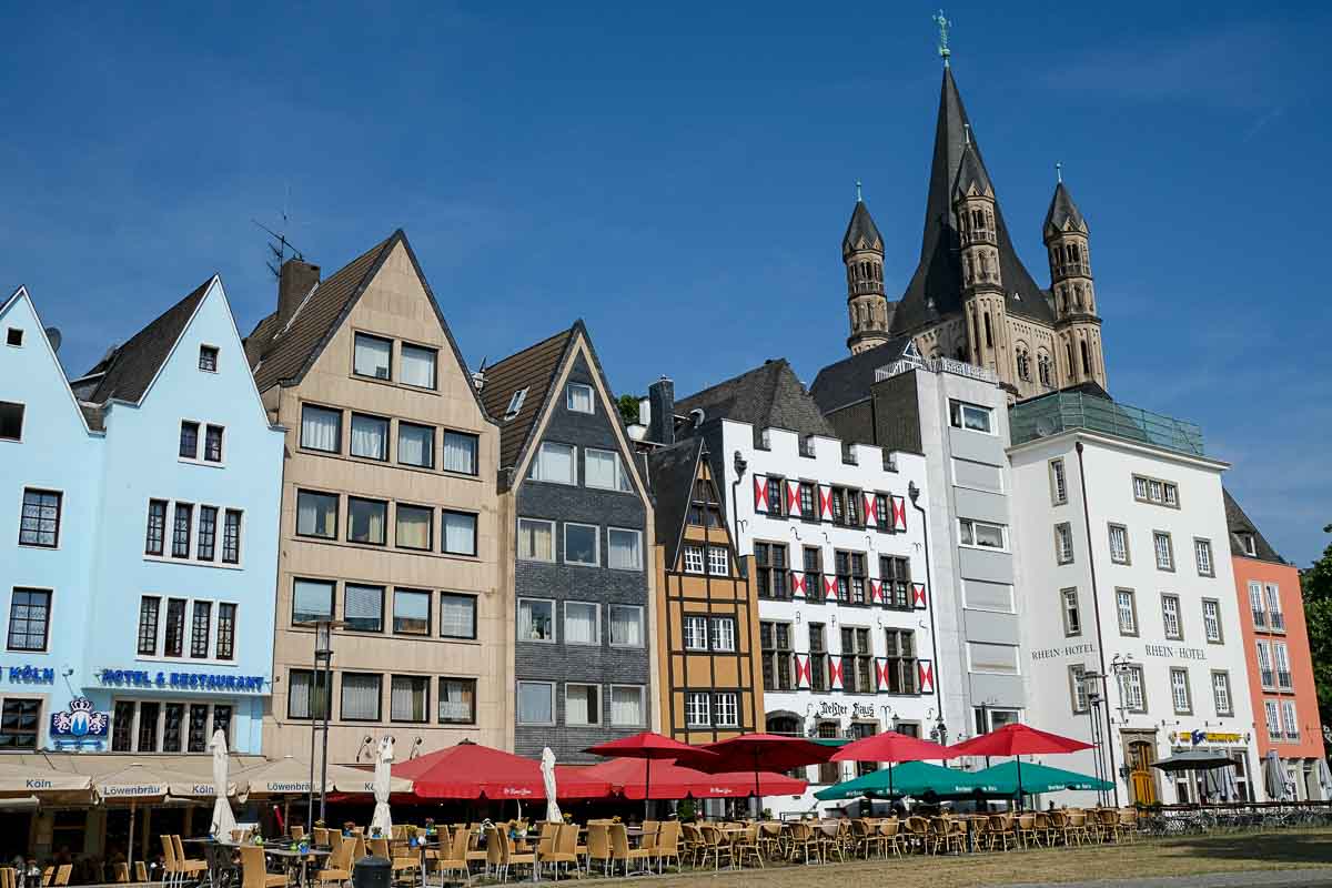 faux medieval buildings and church spire of cologne old town