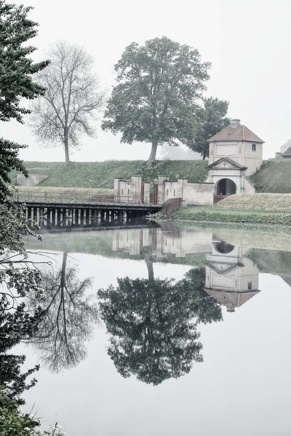 greenery and buidling reflected in water of moat