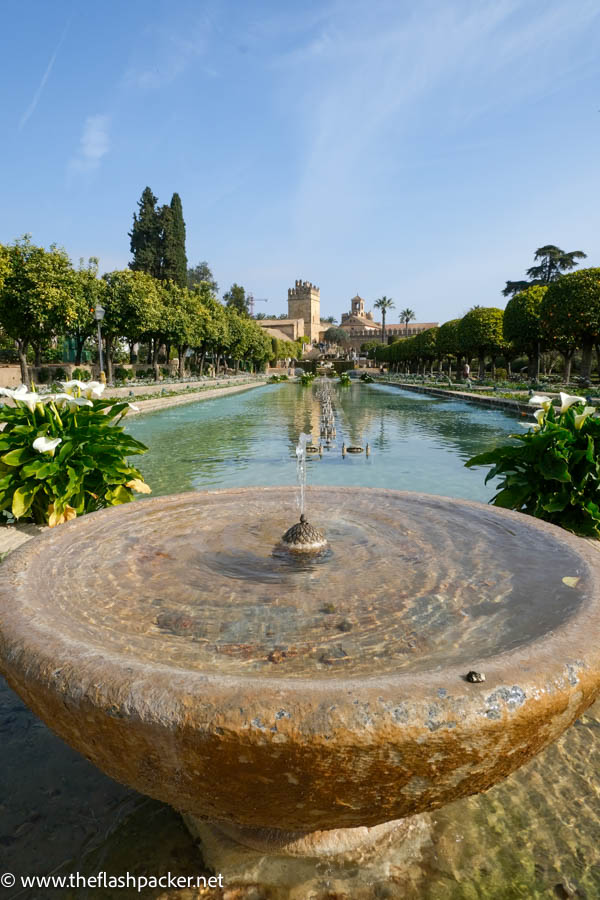 circular fountain in front of large reflective pool in garden of alcazar of cordoba