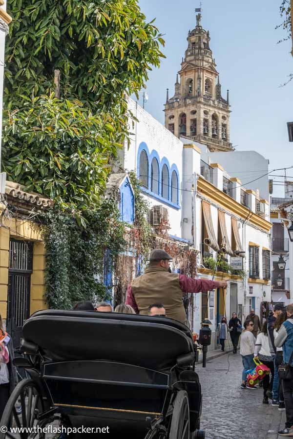 people onm carriage ride through a pretty street with whitewashed houses