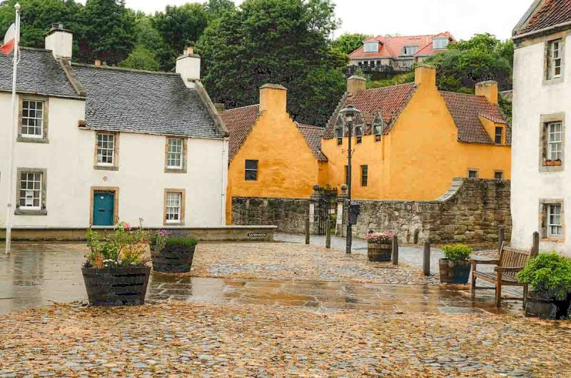 ochre and cream buildings around town square