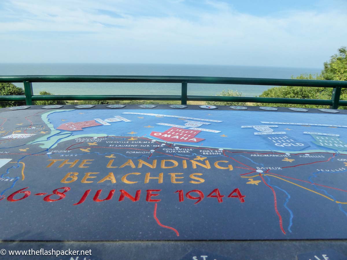 Board depicting the D-Day landing beaches, overlooking Omaha Beach