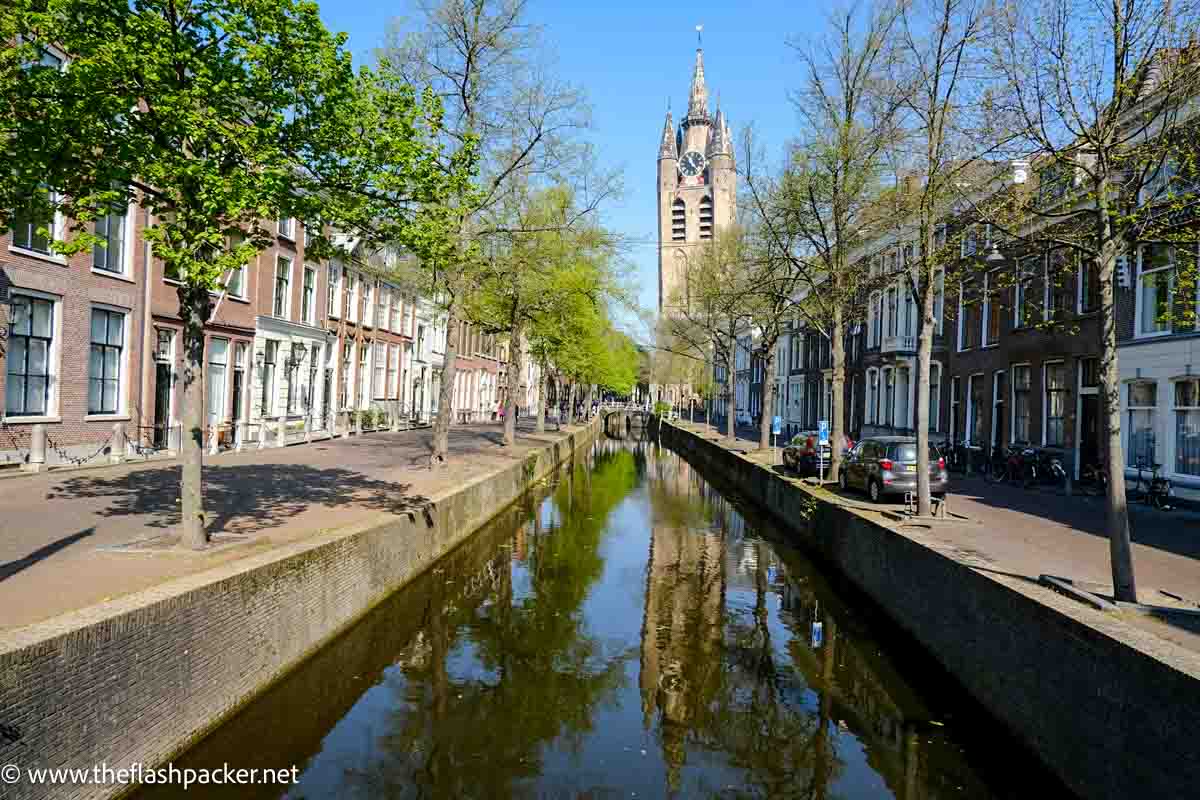 canal with buildings and church spire