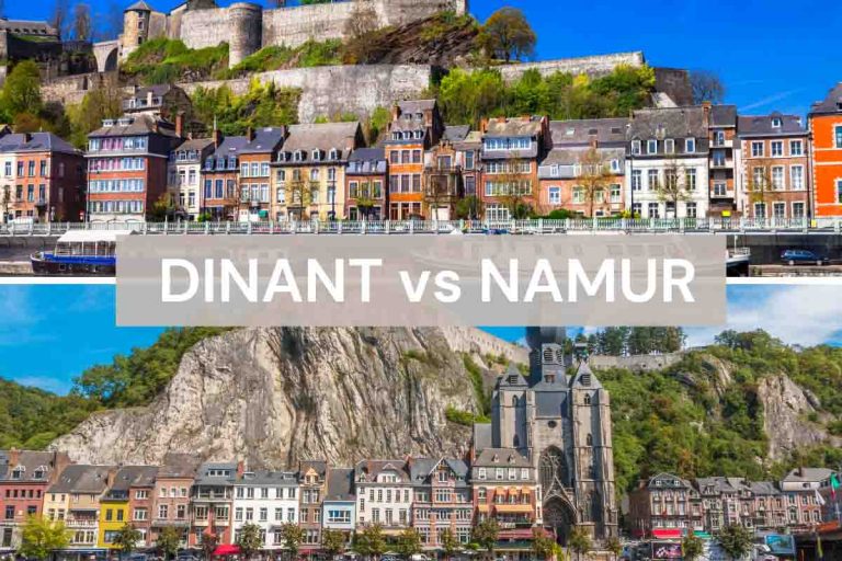 graphic of images of the coloured buildings of 2 riverfront towns with the title dinant vs namur