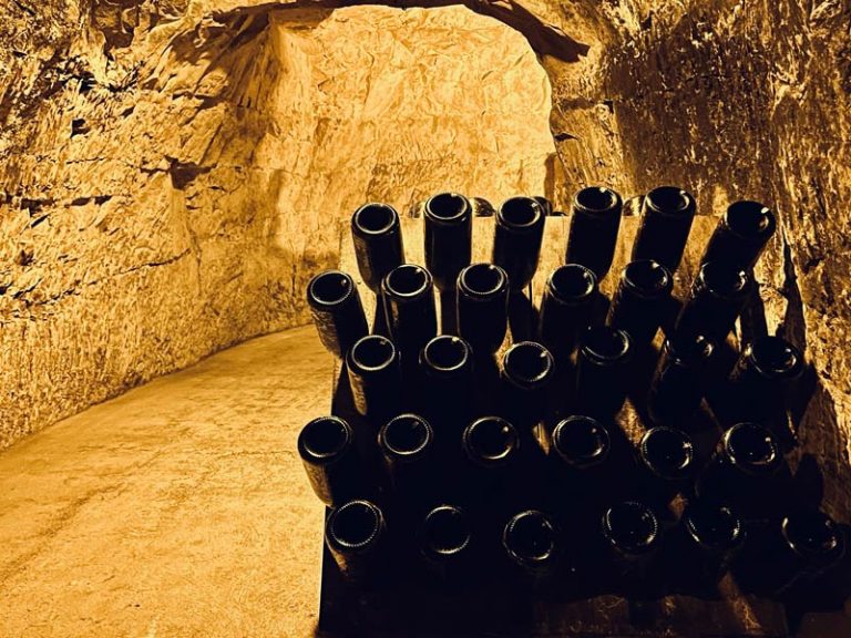 champagne bottles on rack in cellar in a champagne cellar in reims