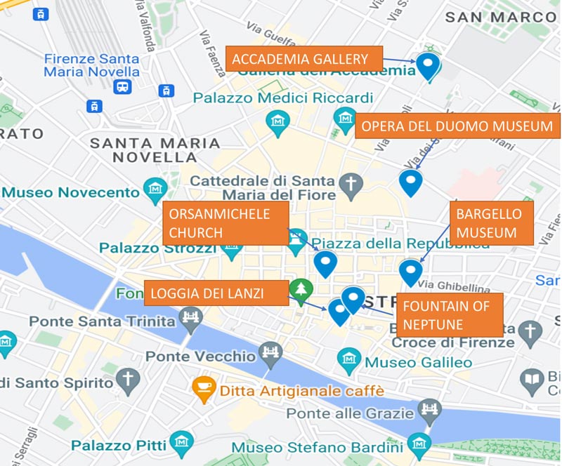 map showing the location of famous sculpture in florence