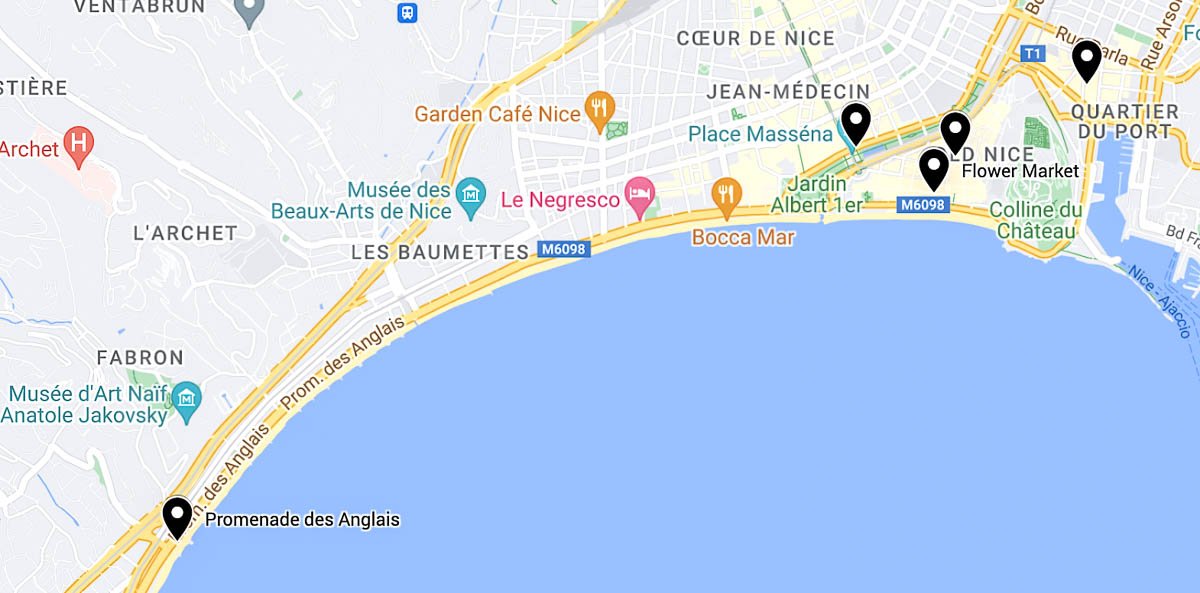 map showing locations of free thjings to do in nice france