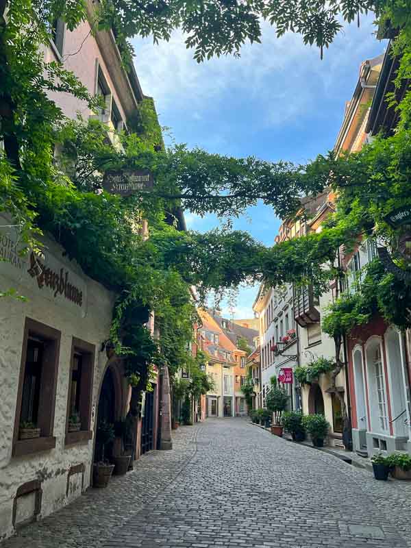 pretty narrow cobblestone street lined with old buidlings under a blue sky