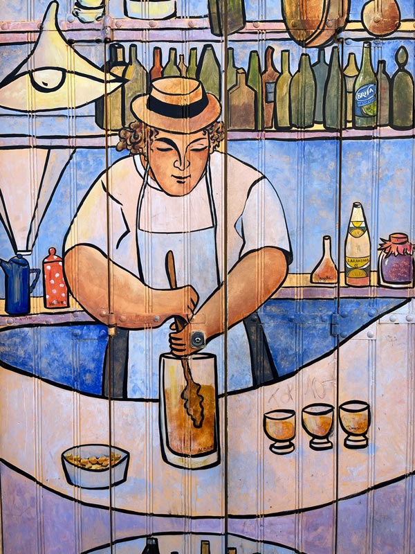 painting of a woman mixing a drink in a bar