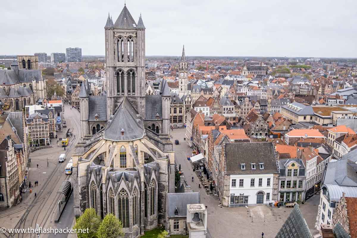 view over city of ghent with prominent church in foreground