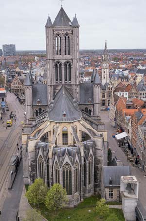 view of church and cityscape with tramlines from high vantage point