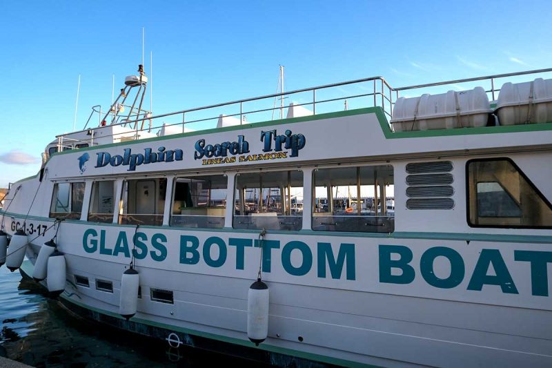 small white glass-bottomed boat used for dolphin trips which is one of the best things to do in Puerto de Mogán