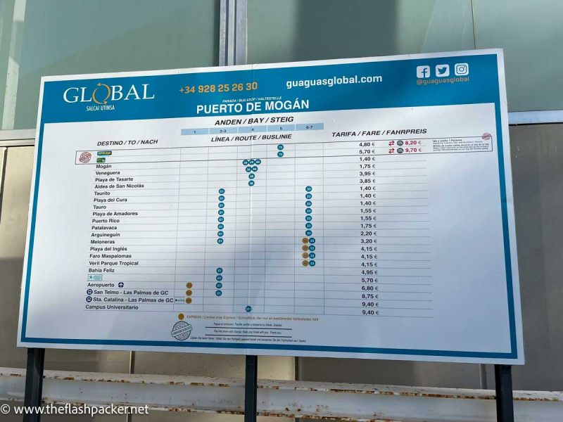 big sign showing fares and routes for exploring gran canaria by bus