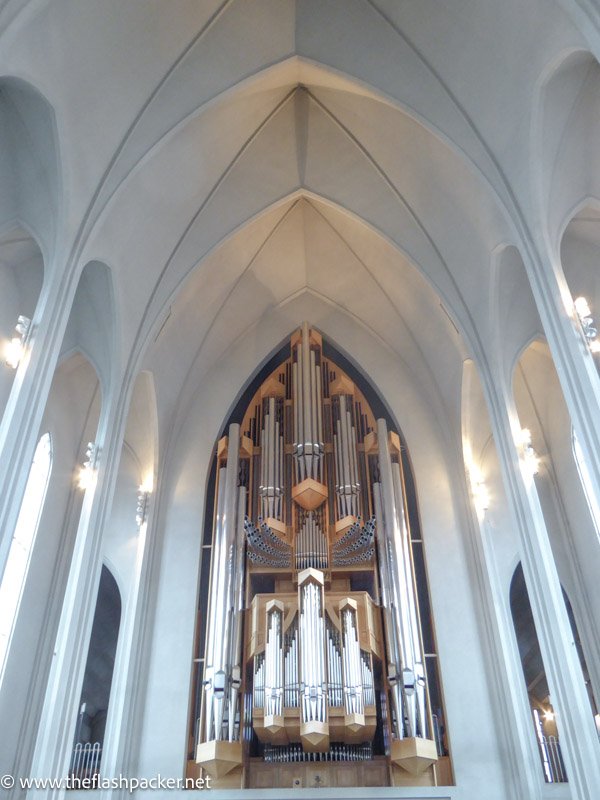 interior of modern gothic hallgrimskirkja church with large organ