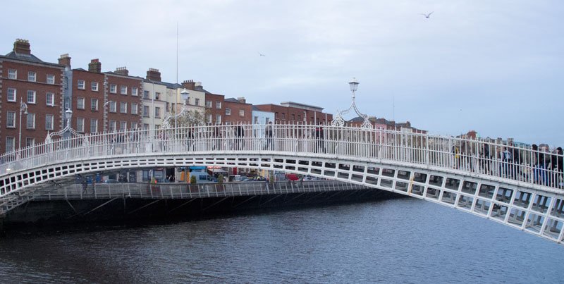 people walking across small iron footbridge over river