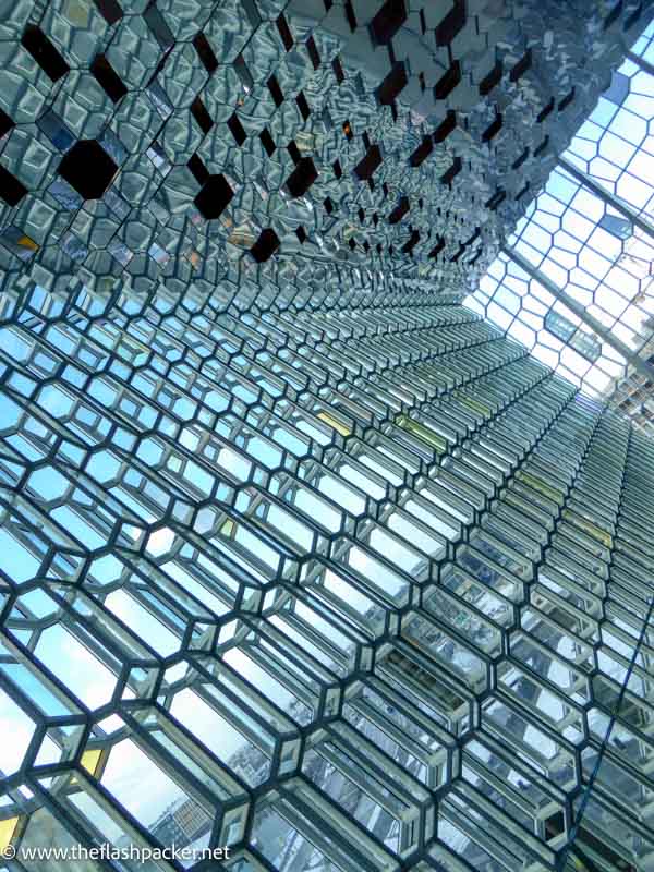 geometric glass windows in harpa in reykjavik iceland