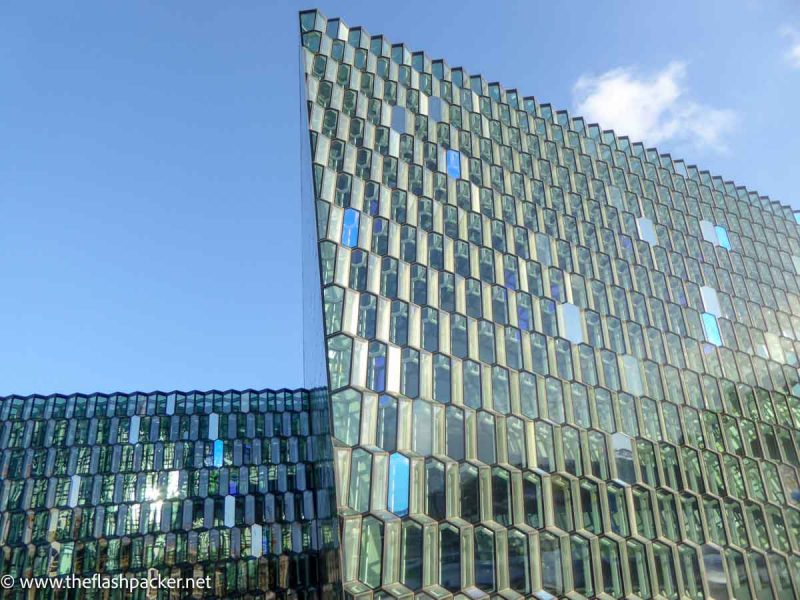 geometric shape of glass amd steel building of harpa in reykjavik