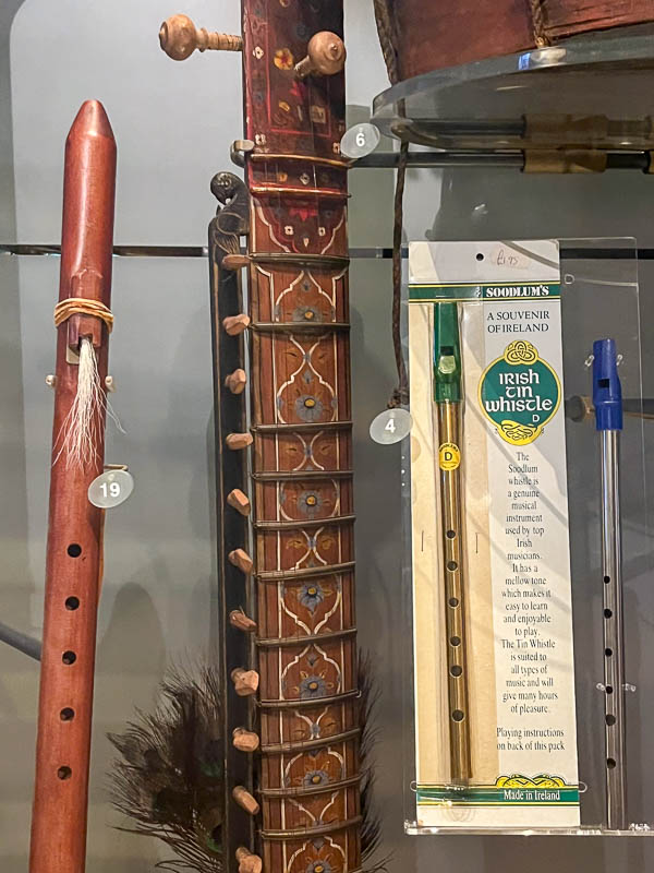 musical instruments in a display case