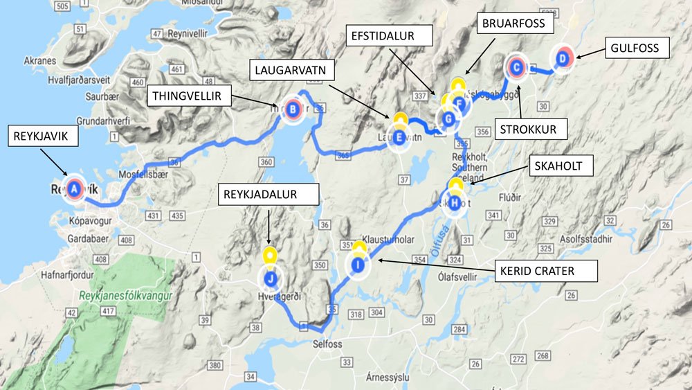 MAP SHOWING STOPS ON ICELANDS GOLDEN CIRCLE