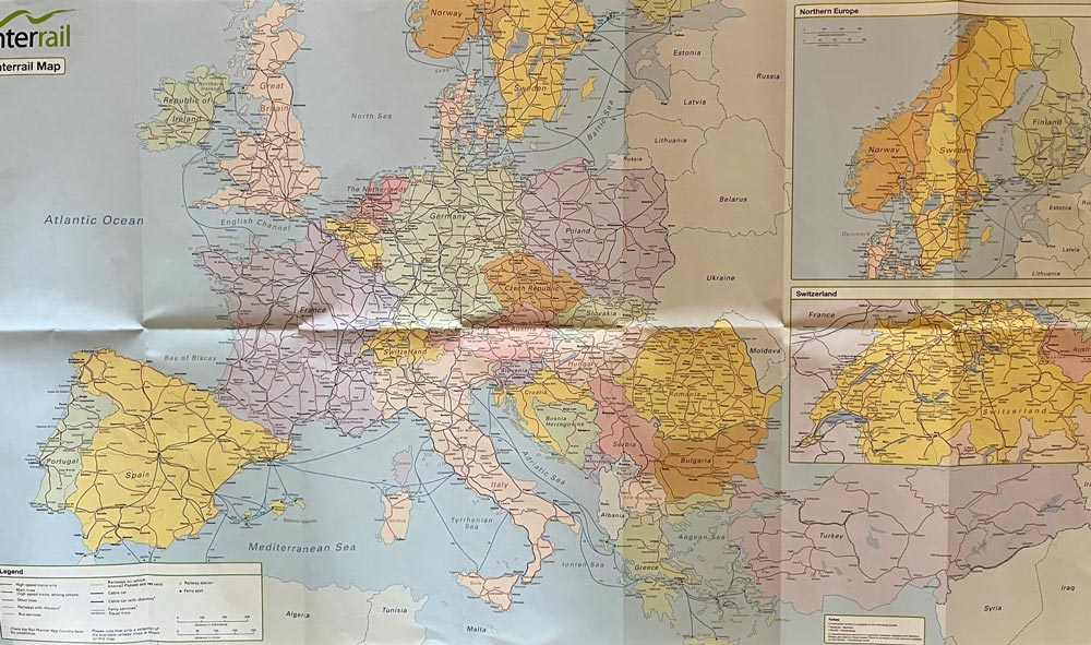 map showing train route in europe for interrail pass holders