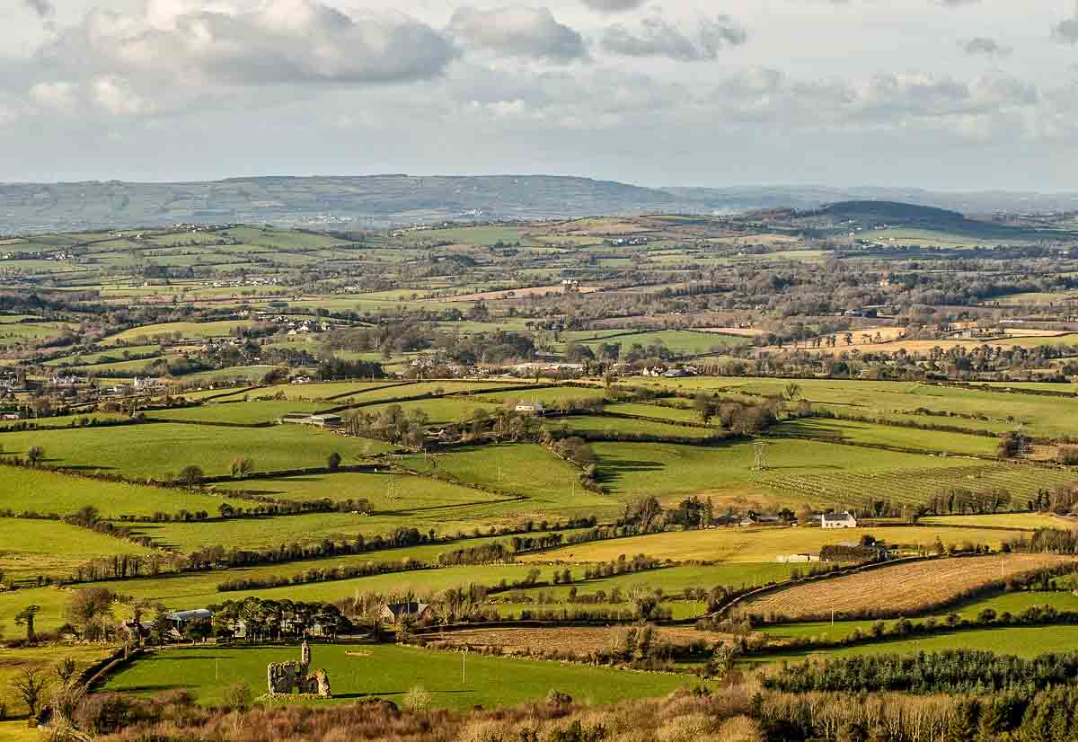 panoramic view of patchwork of fields in co carlow ireland