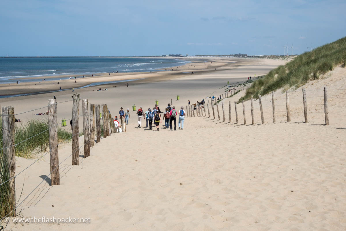 people walking down to a wide sandy beach near haarlem netheralnds