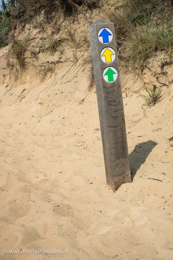 a waymarker with blue, yellow and green arrows in the sand