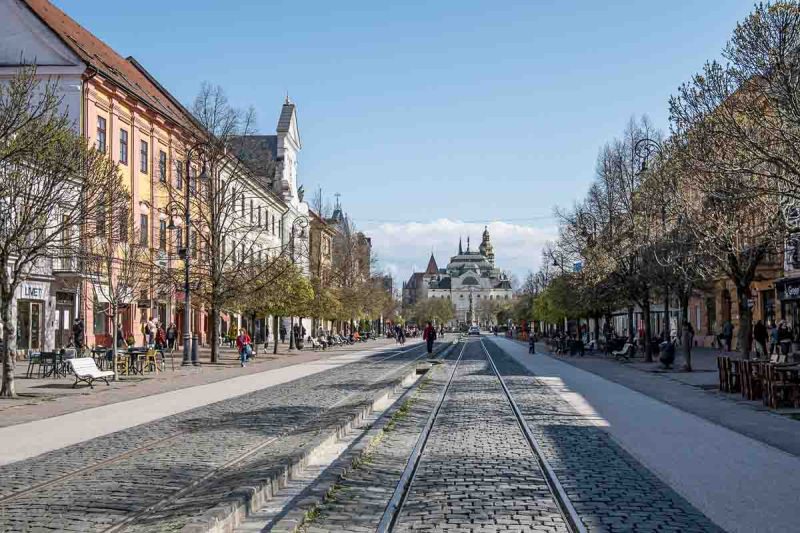 disused tram line running through centre of the broad pedestrianised main strett in kosice