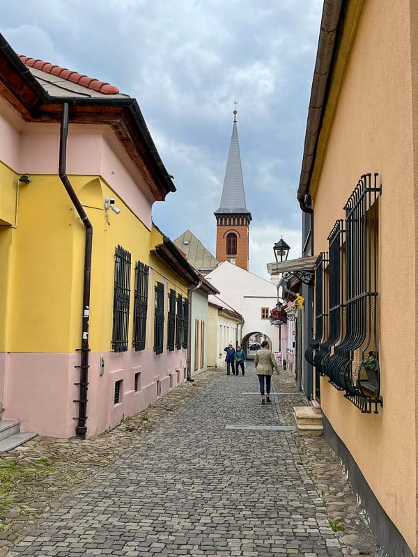 people walking along narrow cobbled street lined with pastel coloured low buildings