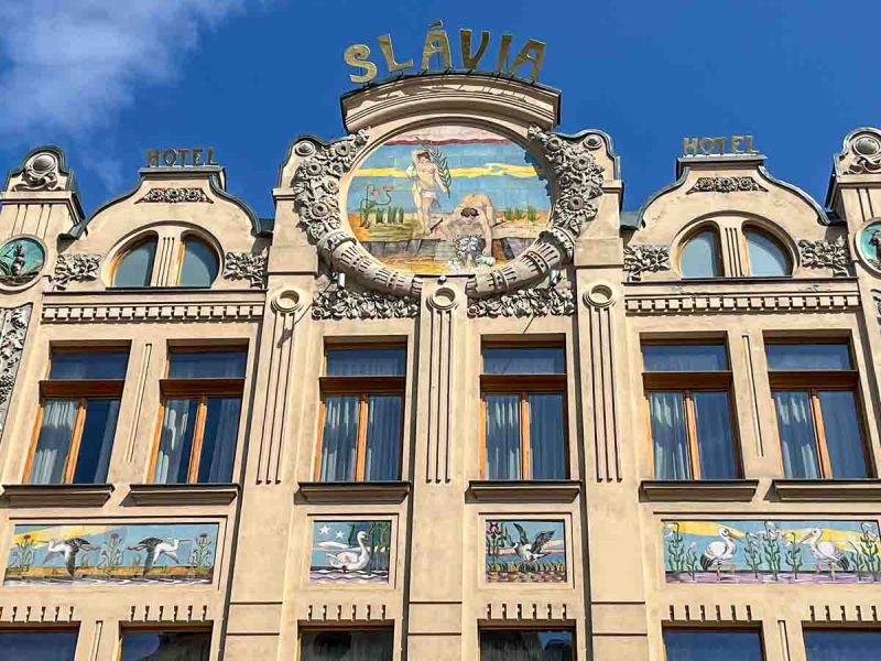 elaborate art nouveau exterior of slavia cafe in kosice slovakia