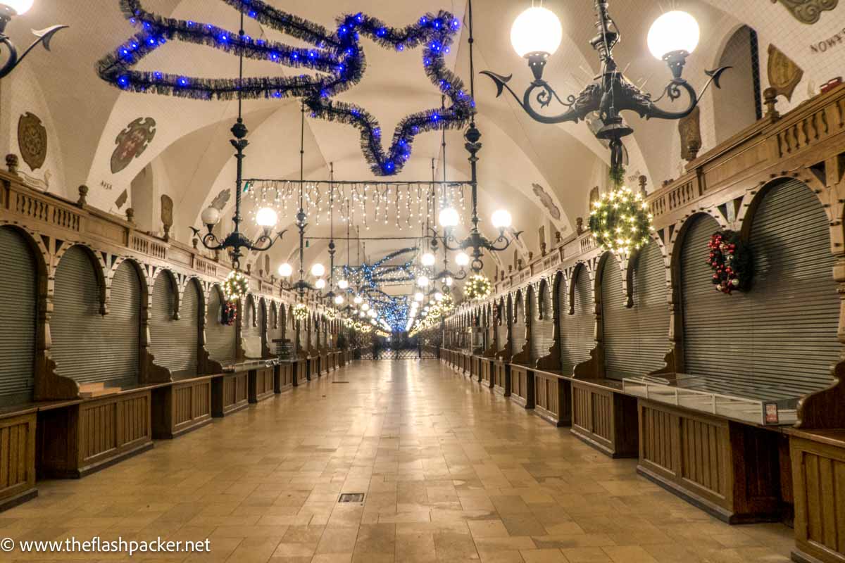 closed indoor market with xmas decorations