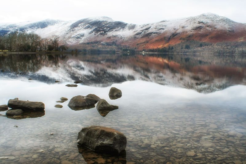 snow capped hills reflected in a still lake