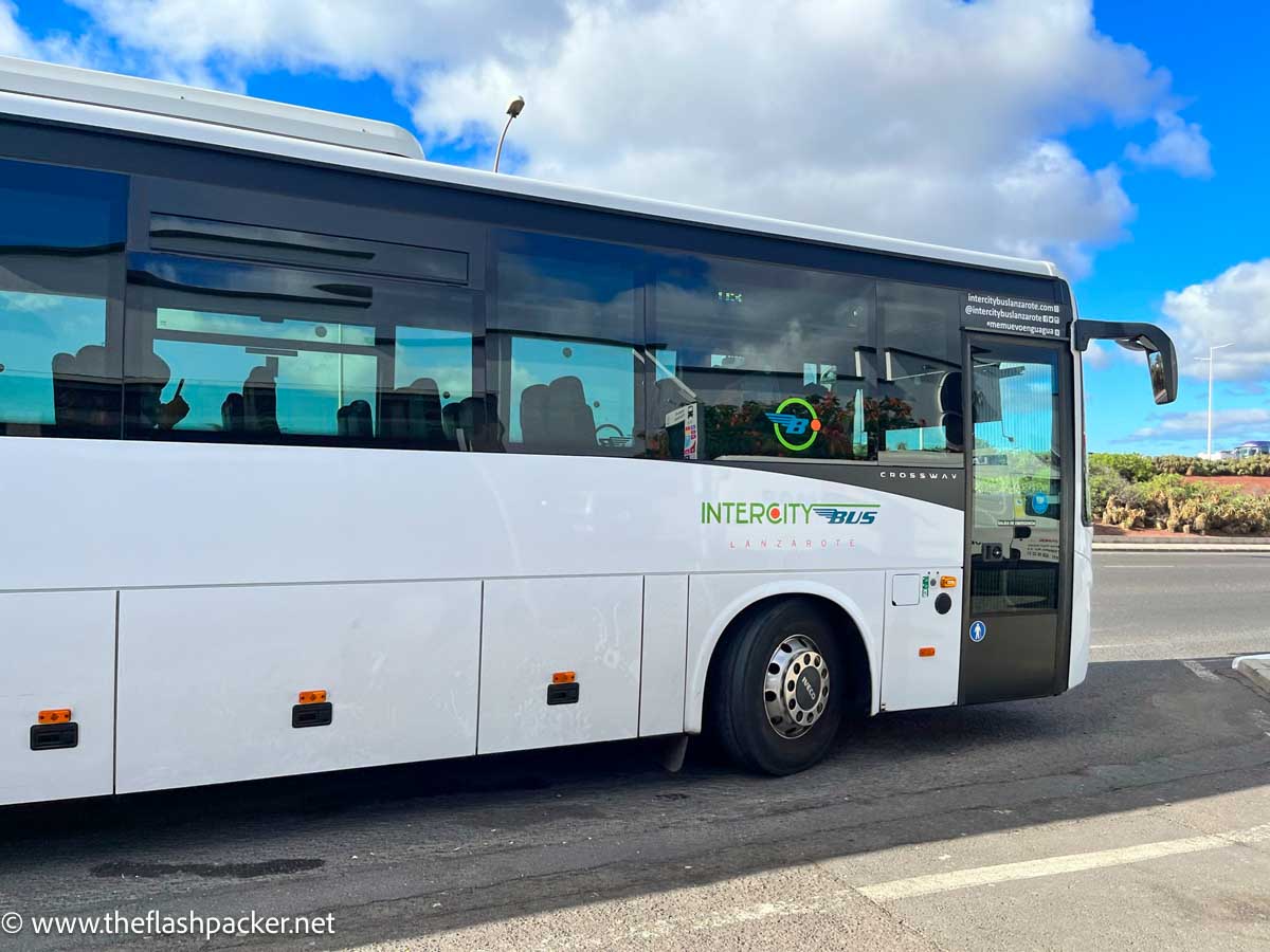 large white intercity bus in lanzarote spain