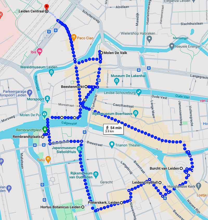 a map showing the best things to see in one day in Leiden as a walking tour of leiden