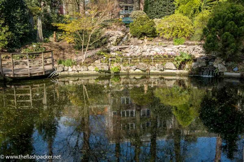 still pond with reflections and statue