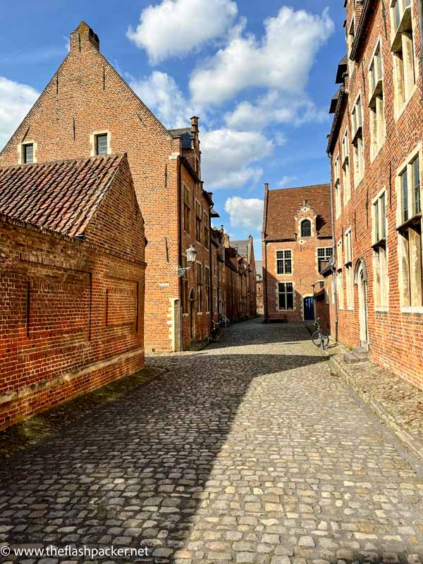 narrow cobblestone street lined with red-brick buildings