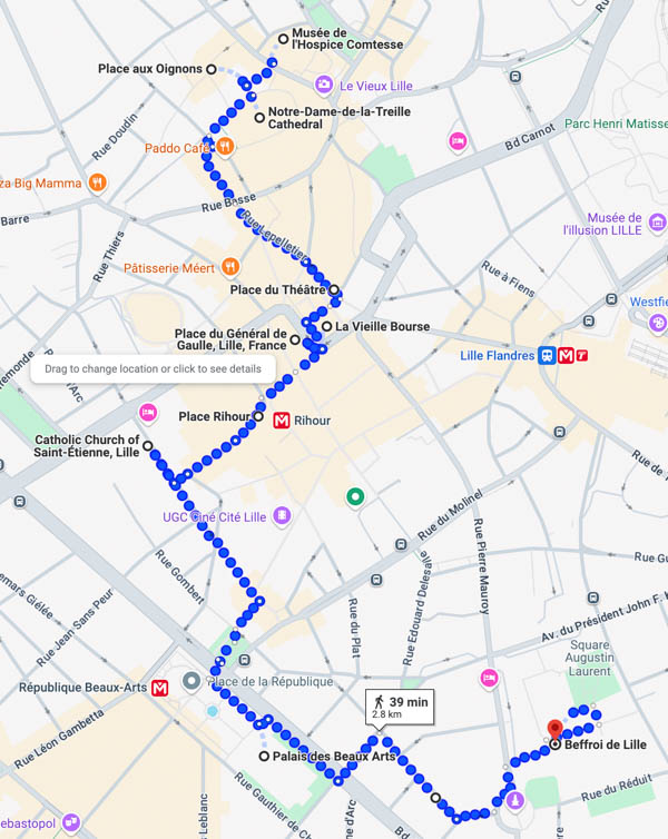 map of the best places to see in Lille in one day as a walking tour