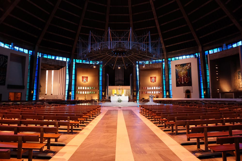 interior of modern cathedral in liverpool uk