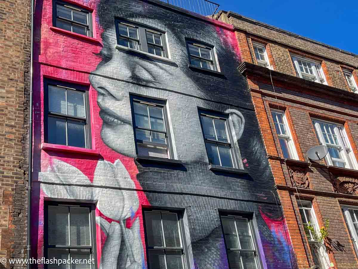 front of a brick building covered in a mural of audrey hepburb