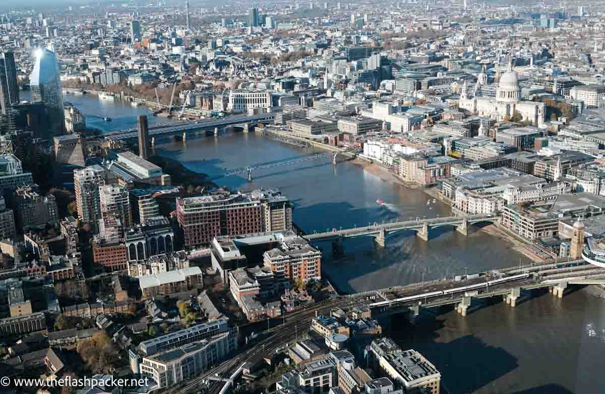 aerial view from the shard of the river thames and 4 of its bridges