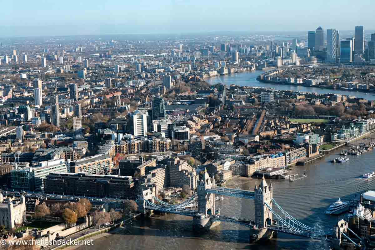 aerial view from the shard of the river thames and skyscrapers and tower bridge