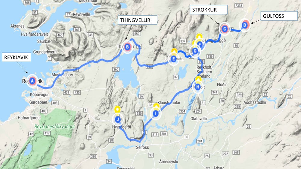 main stops of golden circle map